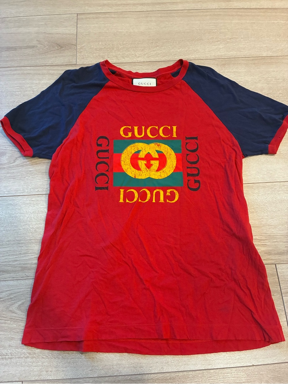 Gucci Men’s Red Printed Jersey Crew Neck Modern Future T-shirt Distressed Size S